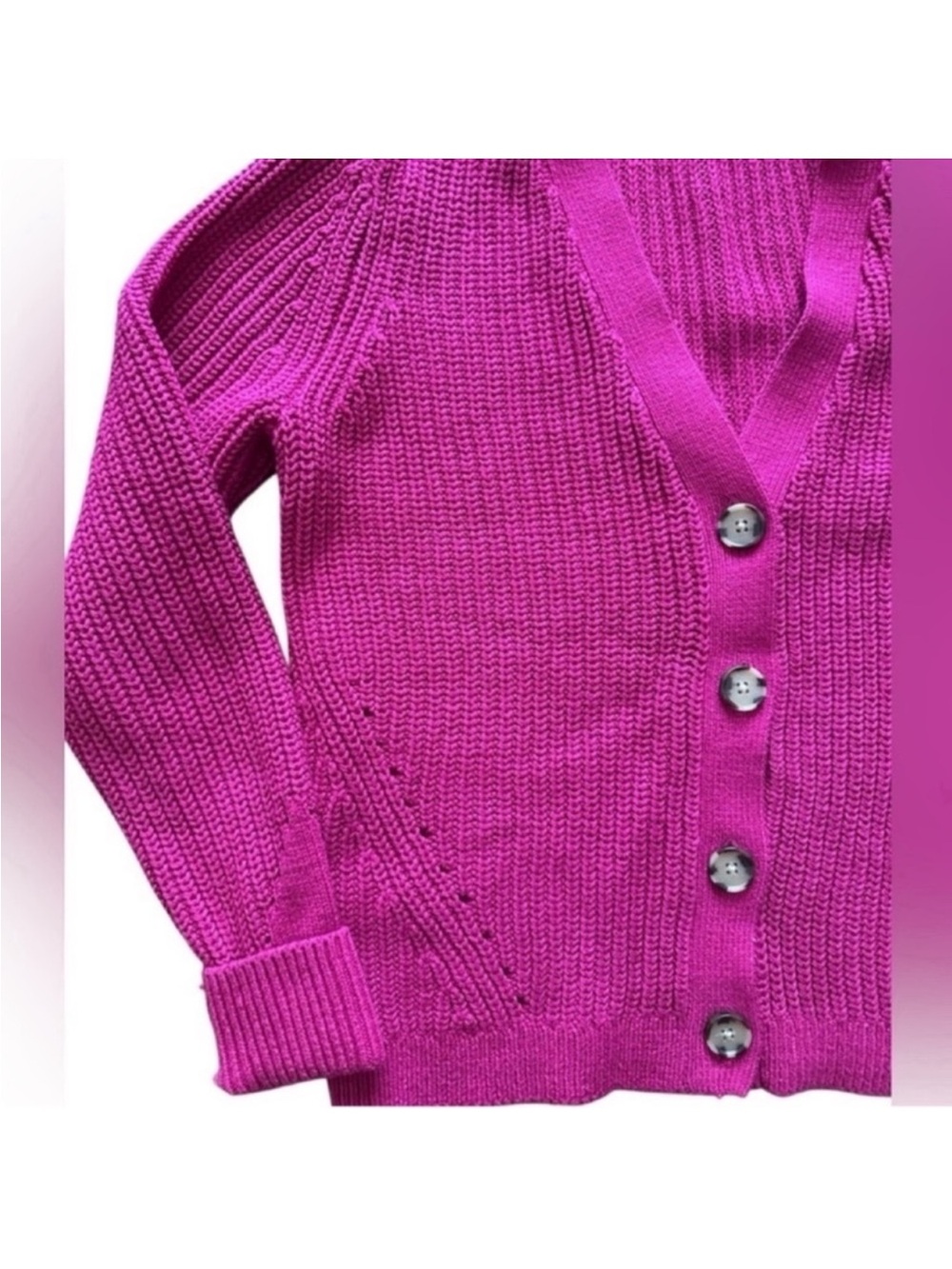 LOFT Bright Fuchsia Ribbed Button Cardigan - Picture 7 of 11